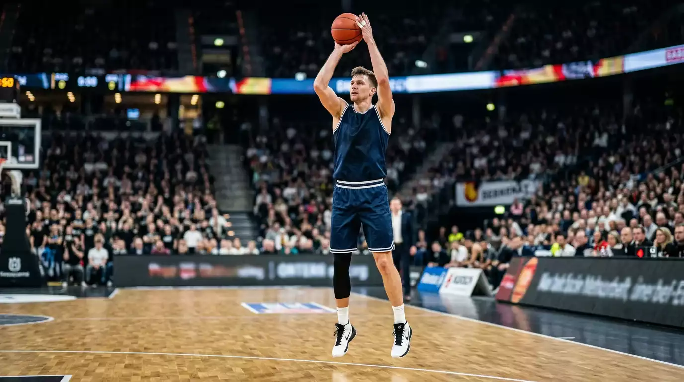 Deutscher Basketball-Spieler in einem NBA-Trikot bei einer Sprungwurf-Aktion auf dem Hartholz-Spielfeld einer NBA-Arena