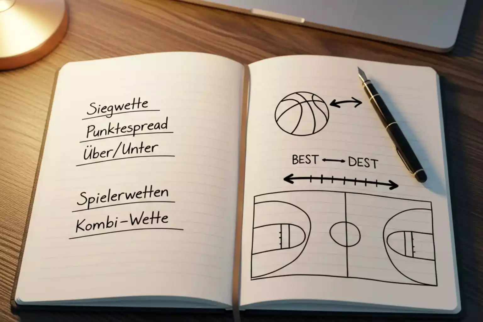 Offenes Notizbuch mit handschriftlichen Notizen zu NBA-Wettarten — Moneyline, Point Spread, Totals, Player Props und Bet Builder — neben einem Laptop mit Basketball-Statistik