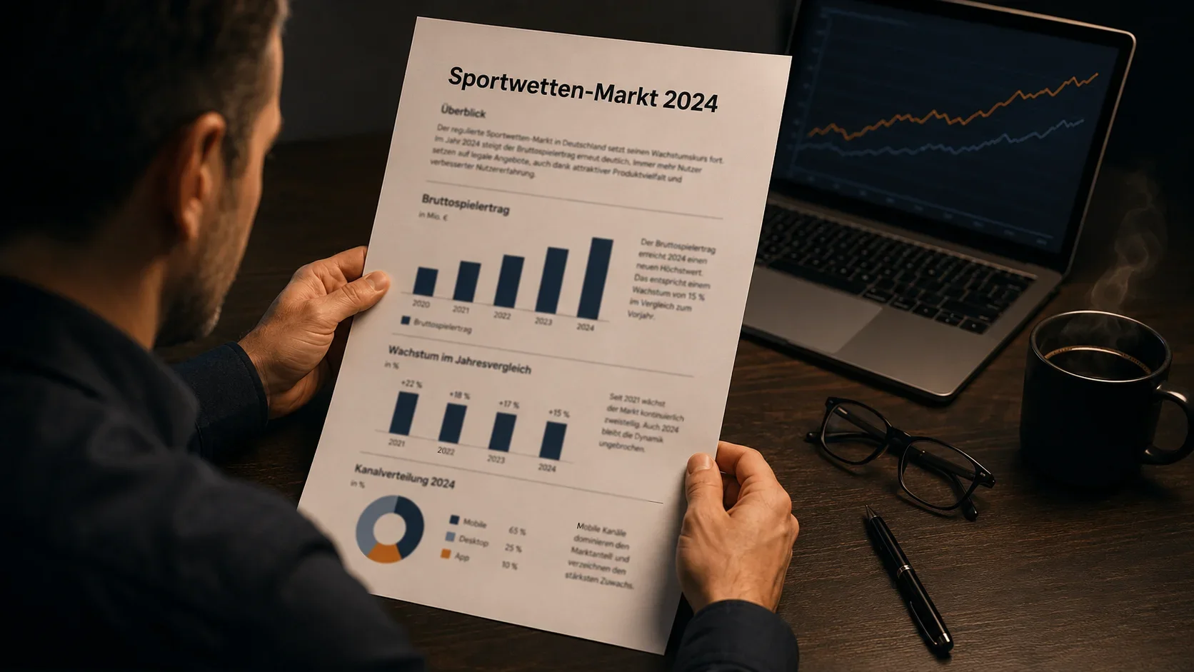 Analyst prüft auf einem Tablet die Markt-Übersicht des deutschen Sportwetten-Marktes 2024 mit Wettumsatz, Bruttospielertrag und Anbieterzahl